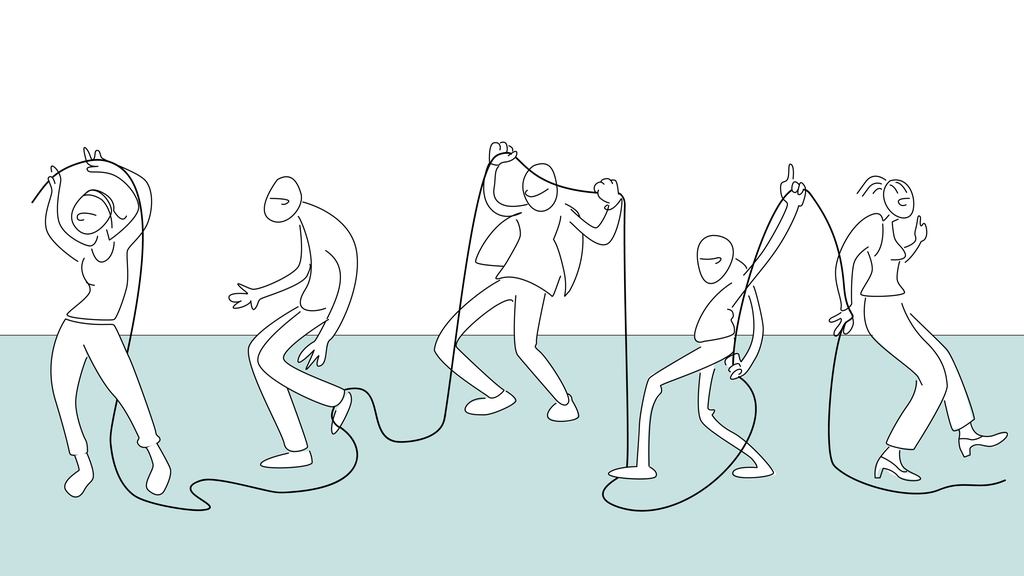 Tegning av mennesker som beveger seg som om de danser. Illustrasjon.