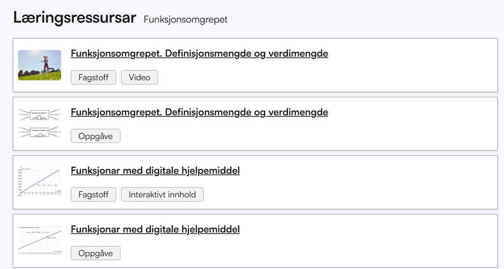 Utklipp som viser ei liste over læringsressursar om funksjonar på NDLA. Ressursane har ulike merkelappar som fagstoff, video, oppgåve og interaktivt innhald. Skjermutklipp.
