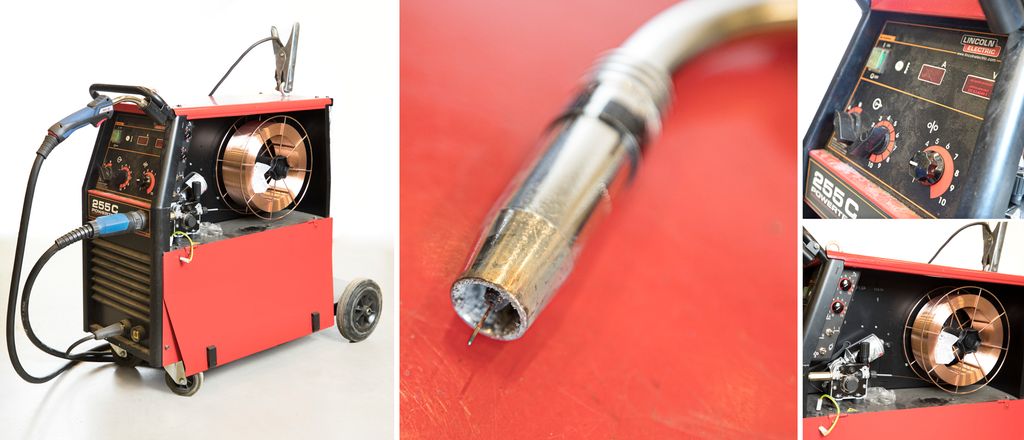 Fire bilete av eit MAG-sveiseapparat. Eitt bilete av heile apparatet og tre bilete av detaljar. Foto.