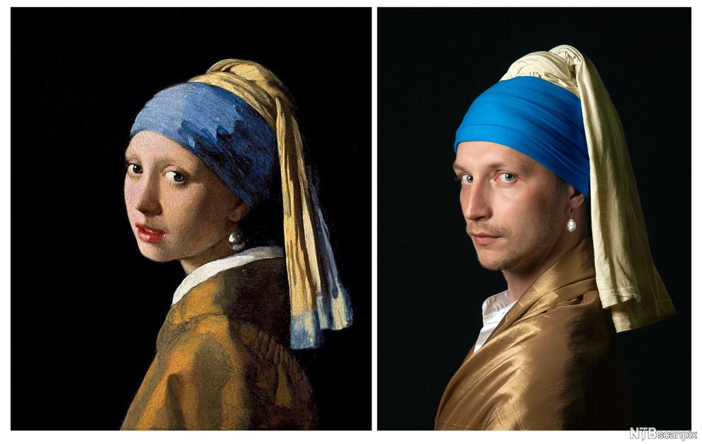 Gjenskapelse av kunstverket Pike med perleøredobb av Johannes Vermeer. Maleri og foto av samme motiv, men i maleriet er det en kvinne og i fotoet en mann.