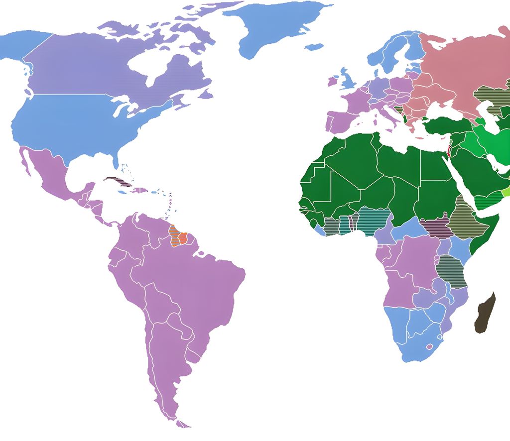 Kart som viser religioners utbredelse utenfor Europa. Utbredelsen er forklart i artikkelen. Illuatrasjon.