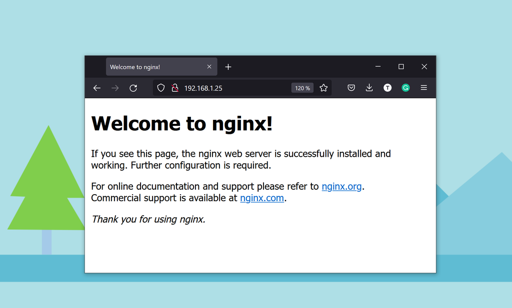 Nettleservindu med en enkel nettside med tittelen "Welcome to nginx!". Skjermbilde.