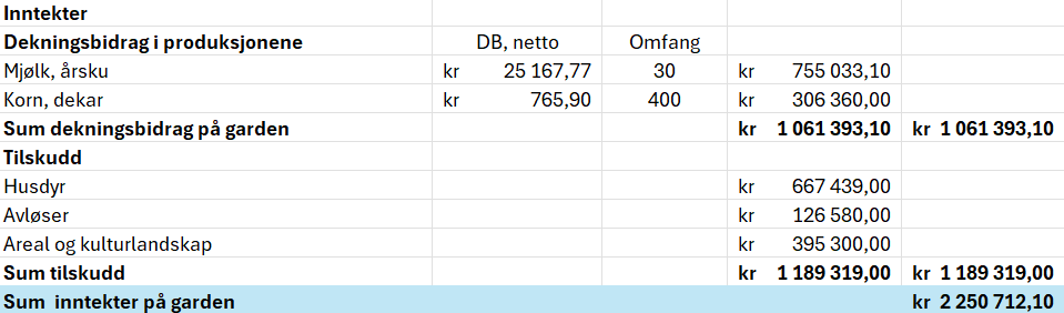Regneark som viser økonomisk oversikt for et gardsbruk med inntekter og faste kostnader. Lønnsevne for gården er beregna til slutt. Innholdet ligger vedlagt i regnearket Økonomisk oversikt nederst på sida, under Inntekter på rad 2 til 12. Skjermutklipp.