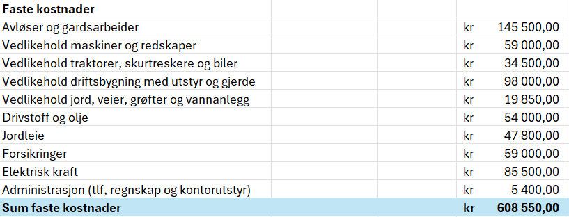 Regneark som viser oversikt over inntekter, faste kostnader og avskrivinger på et gardsbruk. Innholdet ligger vedlagt i regnearket Økonomisk oversikt nederst på sida, under Faste kostnader på rad 13 til 24. Skjermutklipp.