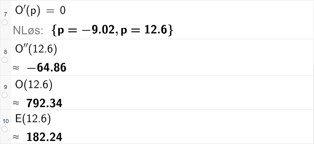 Skjermutklipp av CAS-utregning med GeoGebra. På linje 1 er likningen O derivert av p er lik 0 skrevet inn. Svaret med "N Løs" er p er lik minus 9,02 eller p er lik 12,6. På linje 8 er O dobbeltderivert av 12,6 regnet ut med tilnærming til minus 64,86. På linje 9 er O av 12,6 regnet ut med tilnærming til 792,34. På linje 10 er E av 12,6 regnet ut med tilnærming til 182,24. 