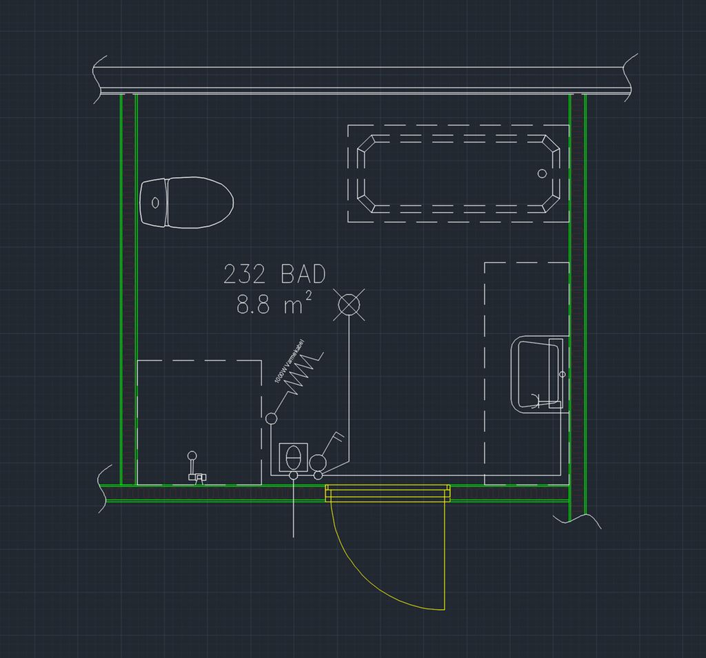 Åpen installasjon på baderom med 2-polt bryter. Illustrasjon.