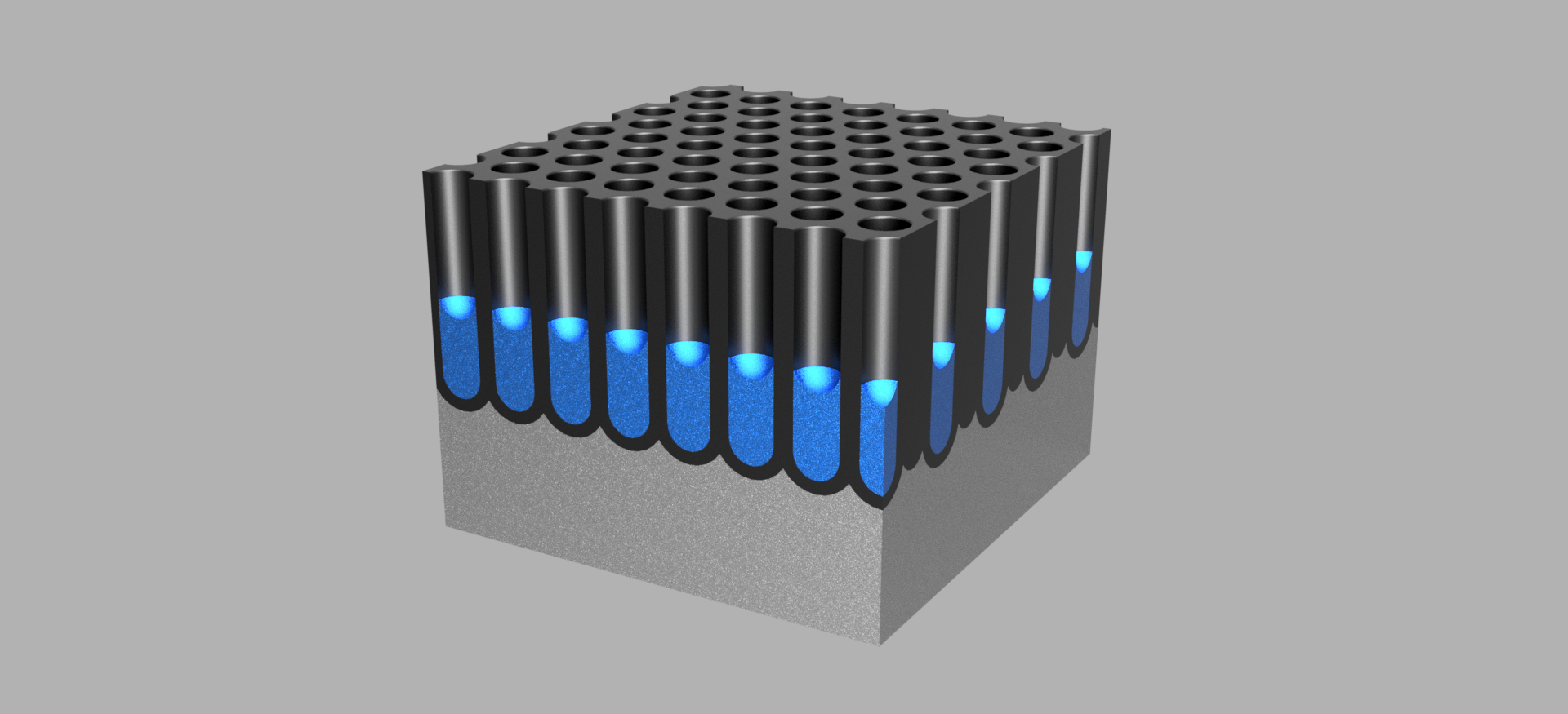 Rektangulær kloss med mange dype hull i overflata. Hulla er delvis fylt med blå farge. Illustrasjon.