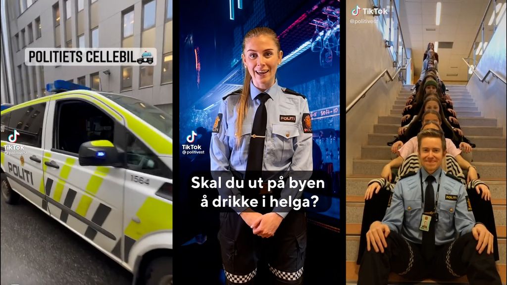 Tre skjermbilder med TikTok-logoen. Ett bilde av politiets cellebil, ett bilde av en smilende kvinnelig politibetjent og teksten "Skal du ut på byen å drikke i helga?" og ett bilde av mange mennesker som sitter bak hverandre i ei trapp, med en uniformert politibetjent fremst. Foto.
