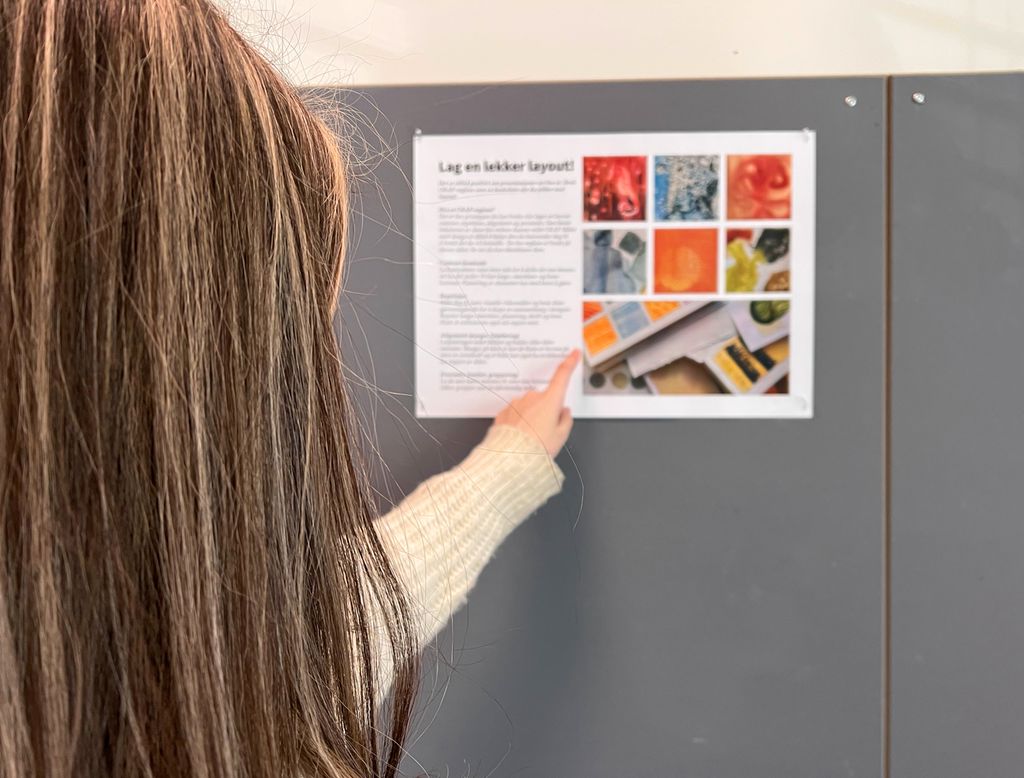 Jente studerer en plakat med tekst og bilder. Foto.
