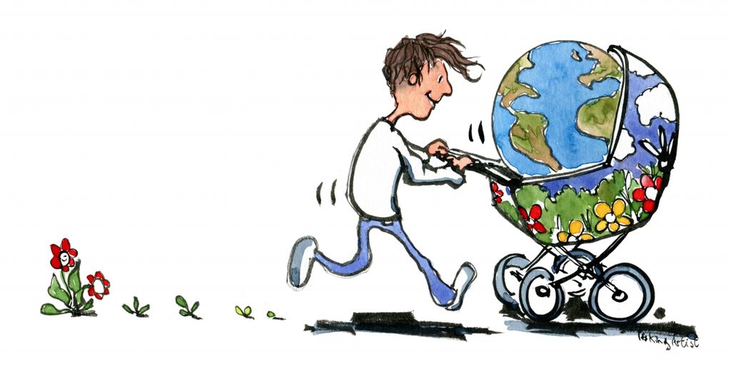 Mann triller jordkloden i barnevogn. Grafikk.