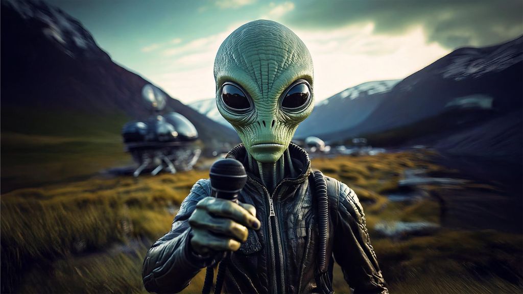 Romvesen kledd i skinnjakke holder en mikrofon. I bakgrunnen er et romskip og fjell med snø på toppene. KI-foto.