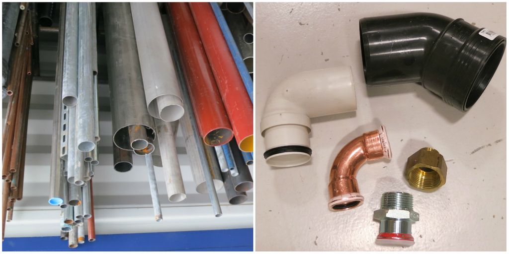 Forskjellige rør og rørdeler. Fotokollasj.