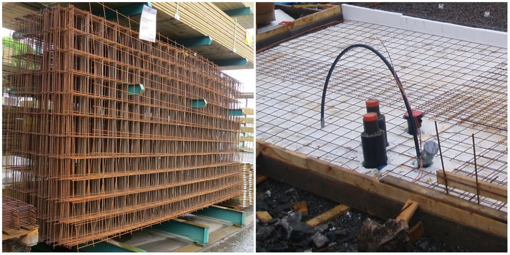 Armeringsnett stående på lager (t.v.) og lagt ned som armering i gulv på grunnen. Foto.