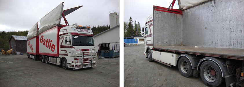 Bildet viser en flisbil, en lastebil der taket og siden på påbygget er åpnet.