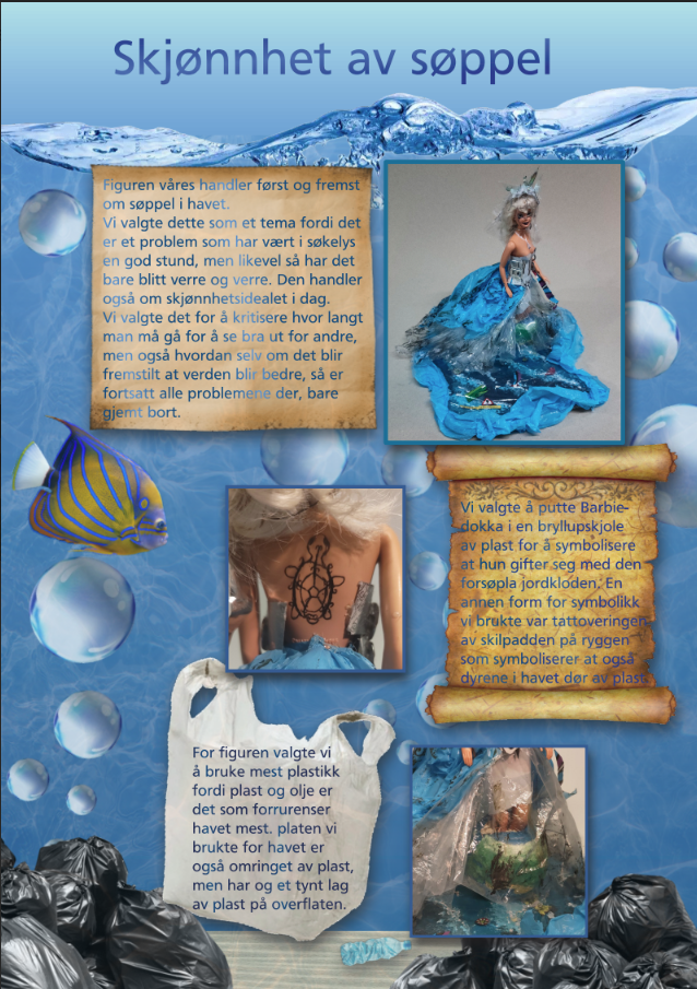 Plakat som presenterer en skulptur og tankene bak den. Skulpturen viser en barbiedukke kledd i en plastkjole. Teamet skjønnhetsideal og plastforurensning i havet. Foto.