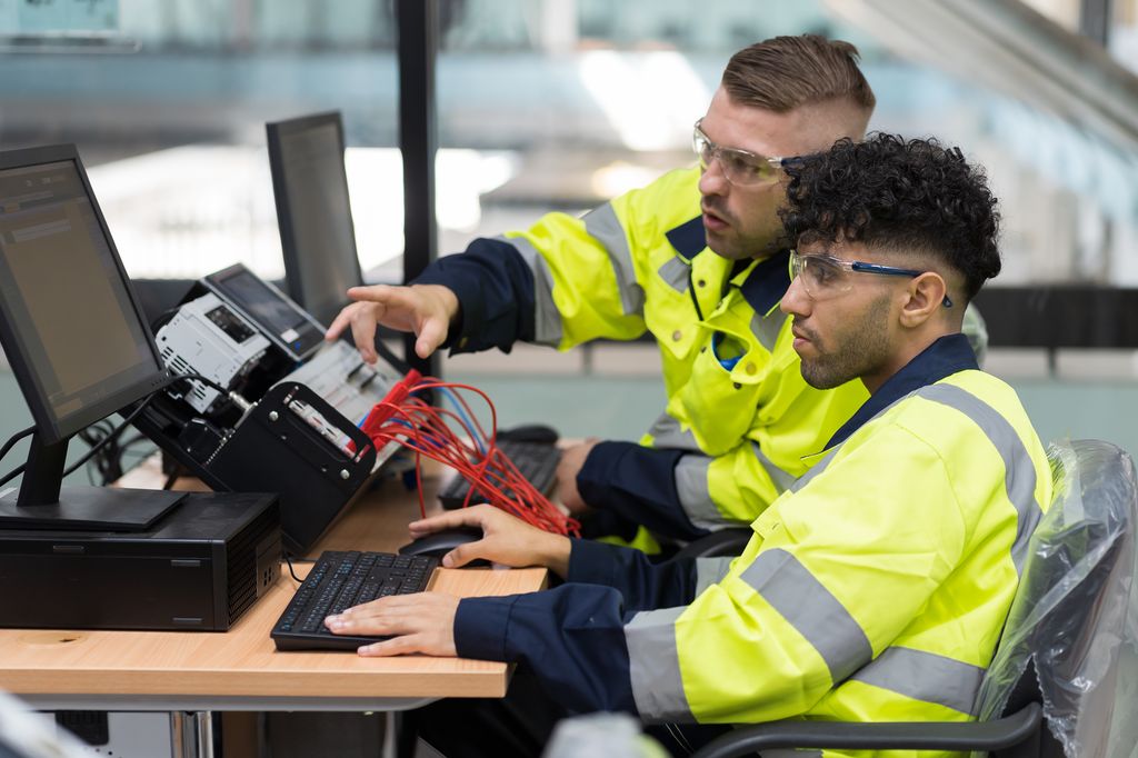 To unge fagpersoner sitter foran en stasjonær pc og en logikkontroller. De har refleksjakker og vernebriller. Foto.