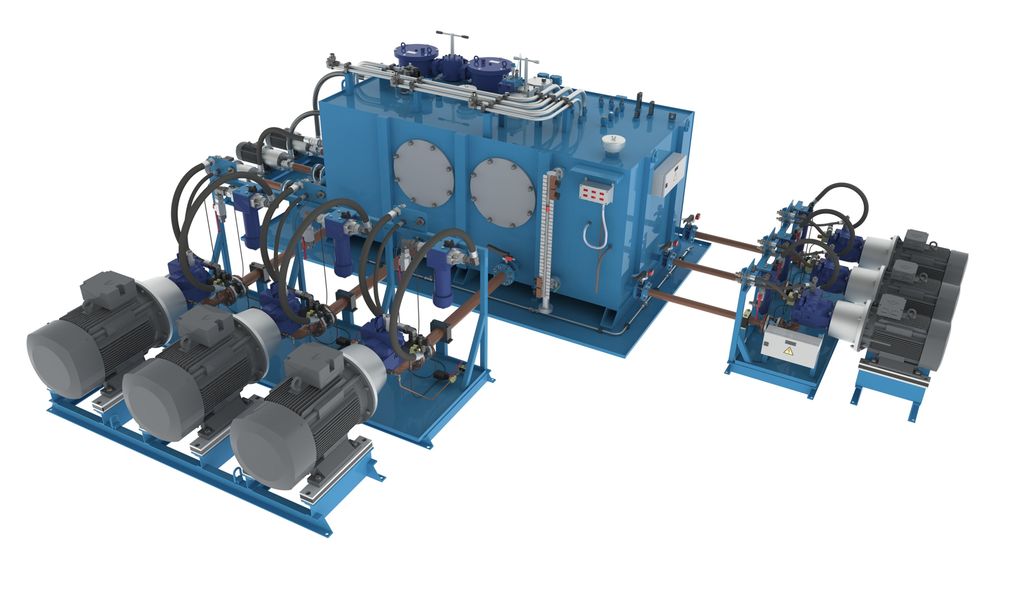 Hydraulisk pumpestasjon med enhetspumper, enhetsventiler og termostat. Foto.