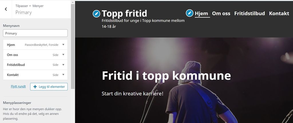 Til venstre er det en sidemeny med titler som «Hjem», «Om oss», «Fritidstilbud» og «Kontakt». I midten og til høyre vises en nettside med tittelen «Topp fritid» og menyer horisontalt oppe til høyre. Hovedbildet på nettsiden er et bilde av en ungdom sett bakfra på en scene med en gitar. Skjembilde.