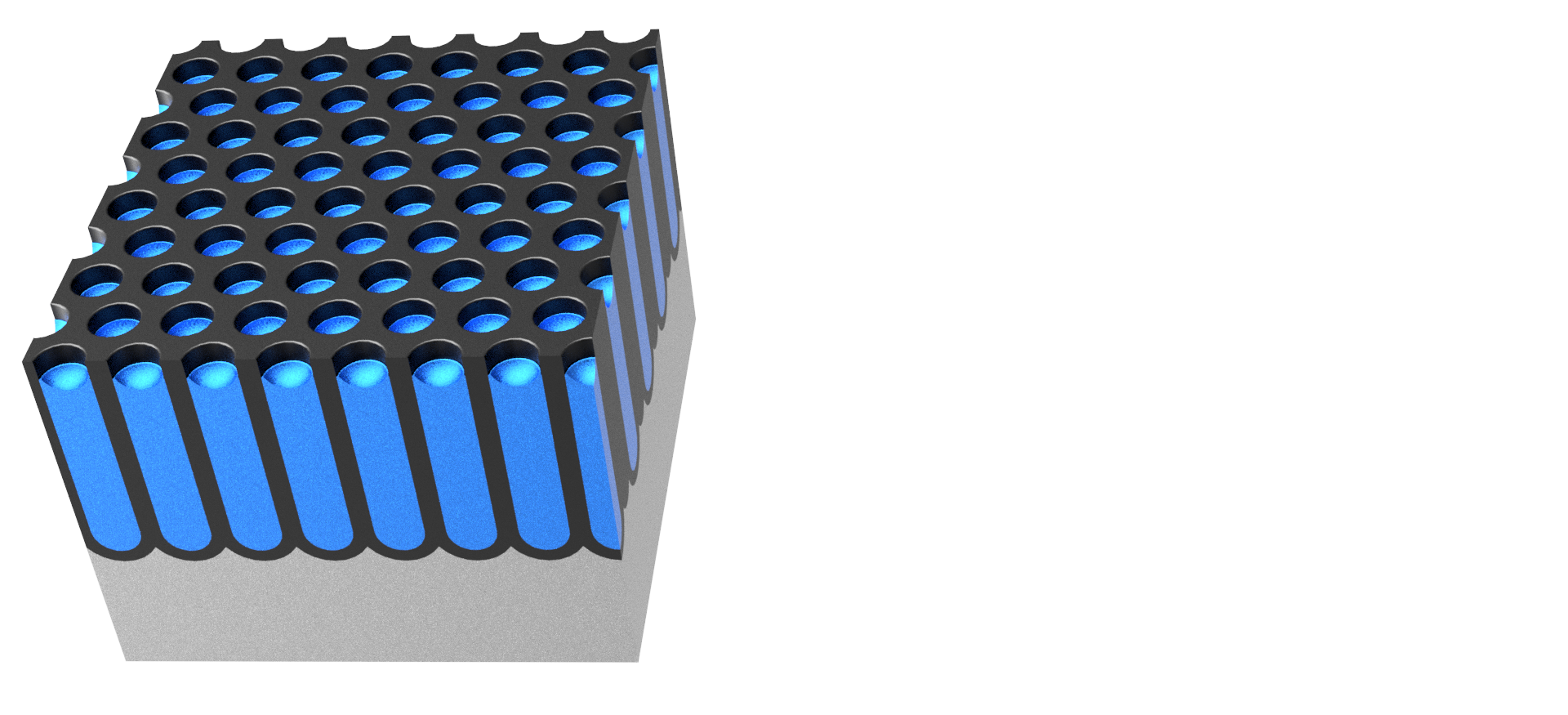 Rektangulær kloss med mange dype hull i overflata. Hulla er fylt helt opp med blå farge. Illustrasjon.