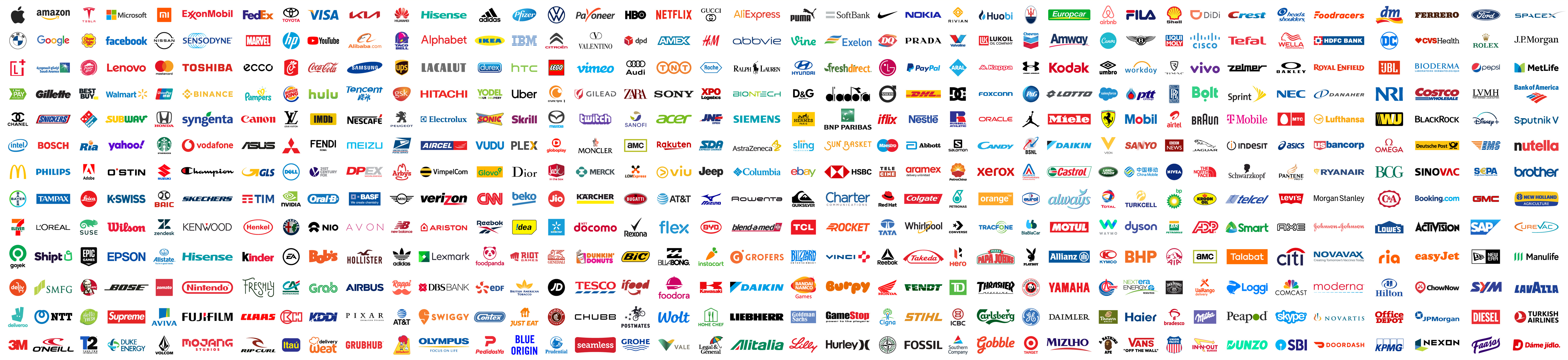 Samling av rundt 200 logoer. De tilhører noen av de største selskapene i verden. Eksempler: McDonald's, Seven Eleven, Tesla, Nintendo, Pixar, CNN, Lego, Microsoft, L'Oréal, Kinder, Adidas, Apple, Amazon, FedEx, Toyota, KIA, Pfizer, Volkswagen, BMW, Google, Facebook, Nissan, Sensodyne, Marvel, hp, YouTube, IKEA, IBM, Citroën, Vimeo, Gillette, Walmart, Pampers, Burgerking, Hitachi, Uber, Starbucks, Mitsubishi, Fendi, Philips, Champion, Dell, Dior, Tampax, Oral B, Kärcher, Kenwood, Reebok, Epson, Lexmark, Tesco, Fujifilm, O'Neill og Bosch. Illustrasjon.