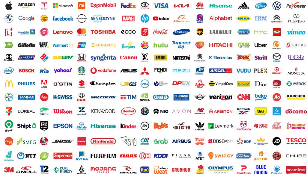 Samling av rundt 200 logoer. De tilhører noen av de største selskapene i verden. Eksempler: McDonald's, Seven Eleven, Tesla, Nintendo, Pixar, CNN, Lego, Microsoft, L'Oréal, Kinder, Adidas, Apple, Amazon, FedEx, Toyota, KIA, Pfizer, Volkswagen, BMW, Google, Facebook, Nissan, Sensodyne, Marvel, hp, YouTube, IKEA, IBM, Citroën, Vimeo, Gillette, Walmart, Pampers, Burgerking, Hitachi, Uber, Starbucks, Mitsubishi, Fendi, Philips, Champion, Dell, Dior, Tampax, Oral B, Kärcher, Kenwood, Reebok, Epson, Lexmark, Tesco, Fujifilm, O'Neill og Bosch. Illustrasjon.