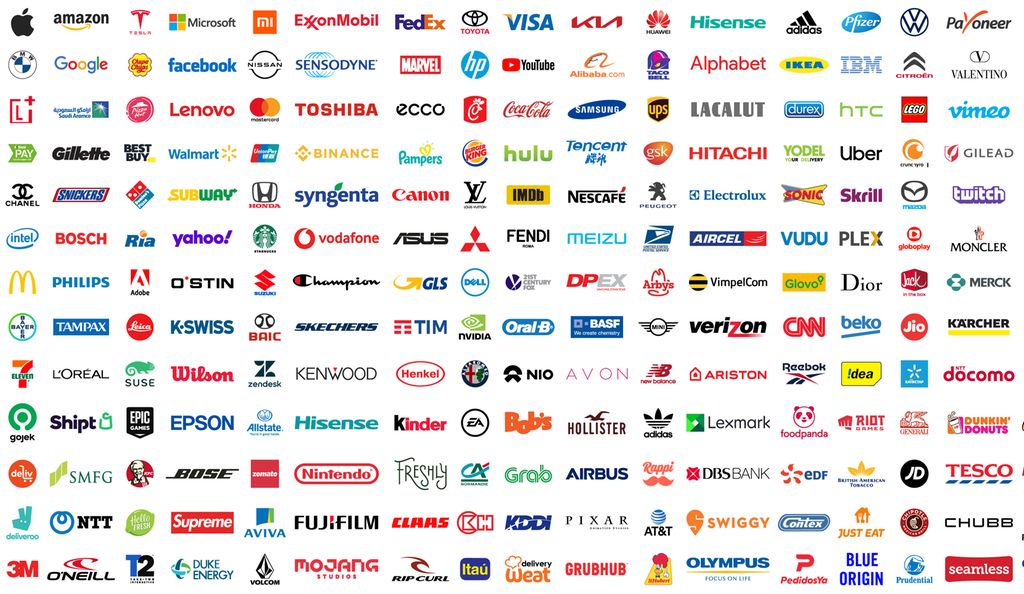 Samling av rundt 200 logoer. De tilhører noen av de største selskapene i verden. Eksempler: McDonald's, Seven Eleven, Tesla, Nintendo, Pixar, CNN, Lego, Microsoft, L'Oréal, Kinder, Adidas, Apple, Amazon, FedEx, Toyota, KIA, Pfizer, Volkswagen, BMW, Google, Facebook, Nissan, Sensodyne, Marvel, hp, YouTube, IKEA, IBM, Citroën, Vimeo, Gillette, Walmart, Pampers, Burgerking, Hitachi, Uber, Starbucks, Mitsubishi, Fendi, Philips, Champion, Dell, Dior, Tampax, Oral B, Kärcher, Kenwood, Reebok, Epson, Lexmark, Tesco, Fujifilm, O'Neill og Bosch. Illustrasjon.