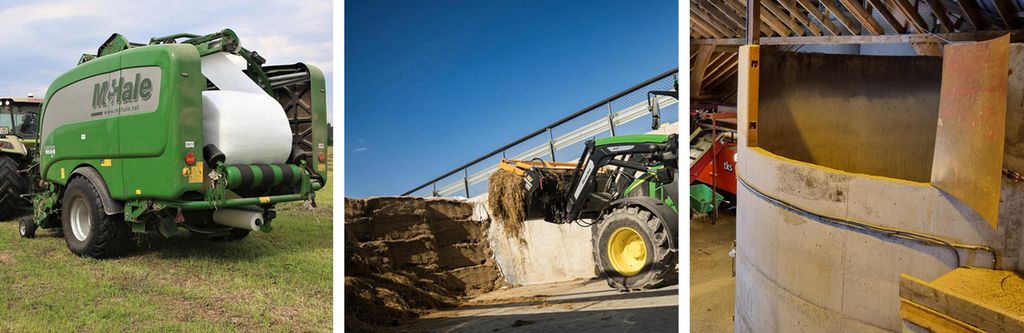 Kollasj med bilder av traktor som kjører ei kombipresse på et jorde, traktor med frontredskap i ferd med å ta ut surfôr fra en plansilo og driftsbygning med stående silo i metall. Foto.