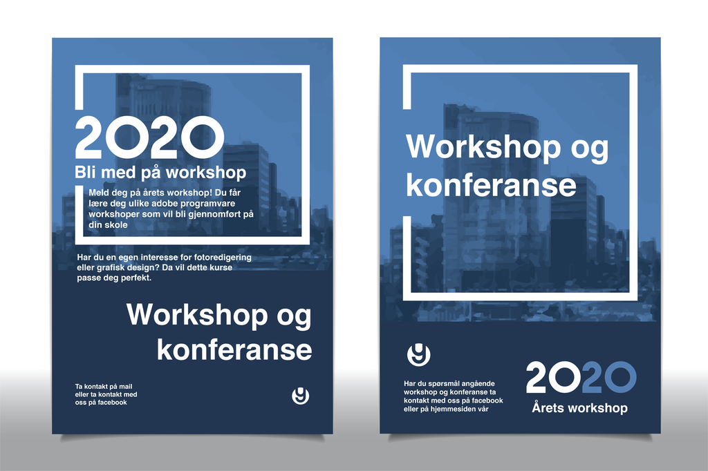 Brosjyre med fram- og bakside som informerer om programvarekurs.  Begge sidene er i de samme blåtonene, har hvit skrift og samme skrifttype. Illustrasjon. 