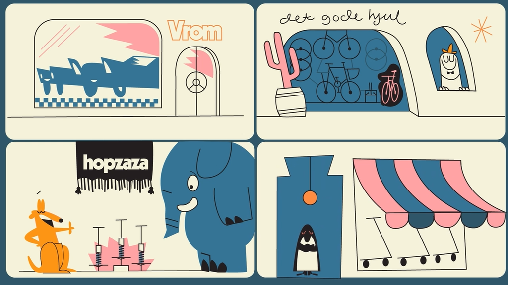 Illustrasjon av fire utsalgssteder for transportmidler: bilforhandler, sykkelbutikk, salg av hoppestokker og av sparkesykler. 