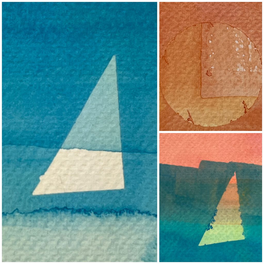 Tre bilder av geometriske flater malt i akvarell. Foto.
