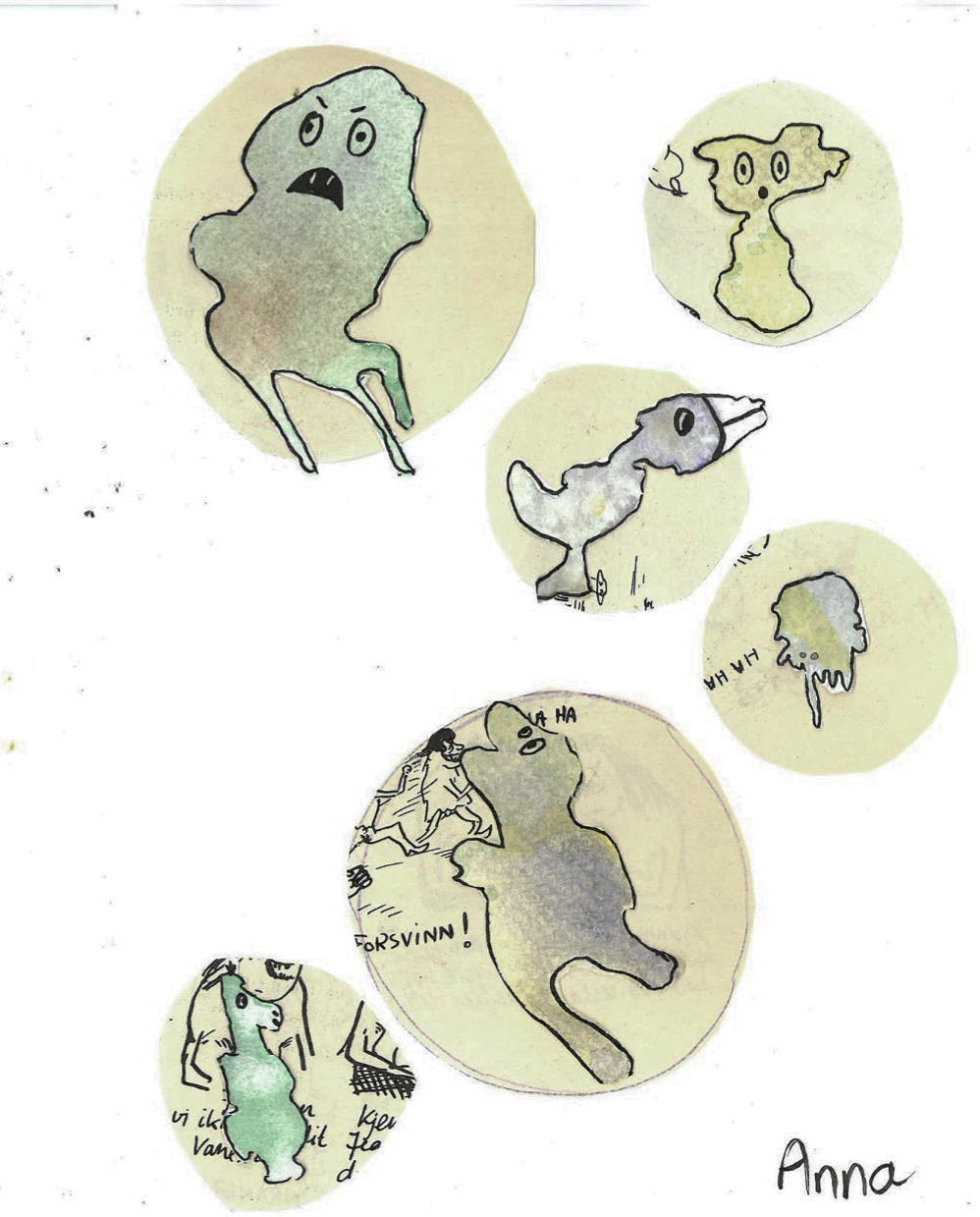 Akvareller montert sammen med sirkler i avispapir. Foto. 