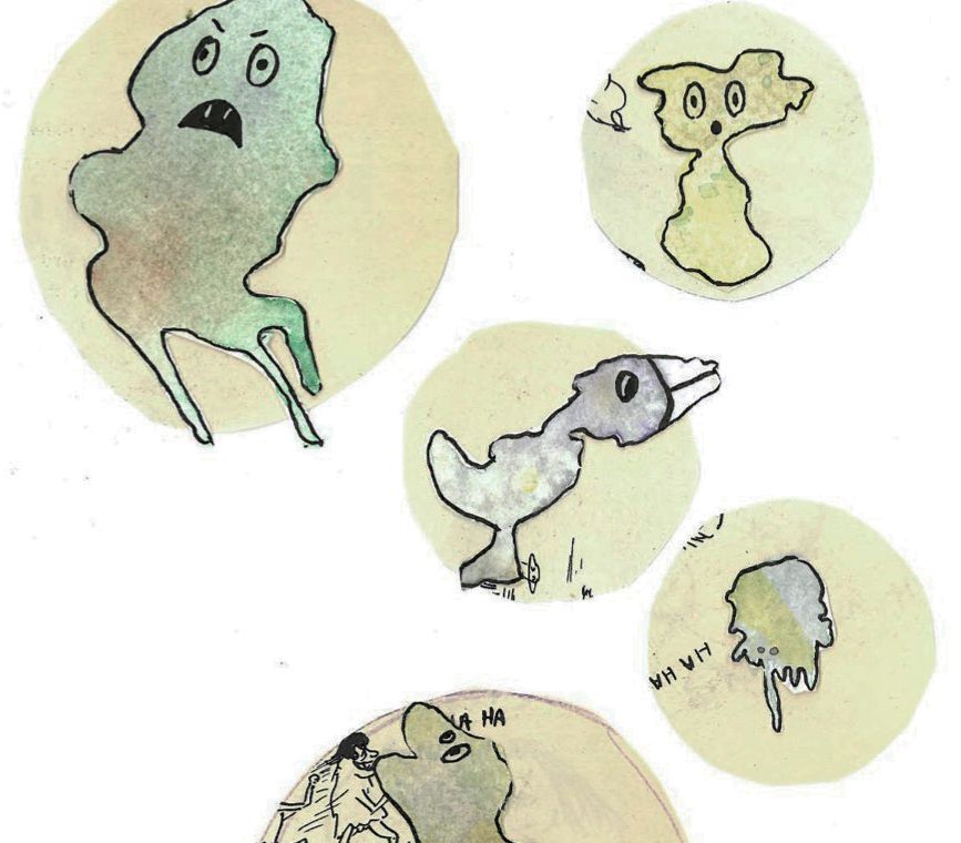 Akvareller montert sammen med sirkler i avispapir. Foto.