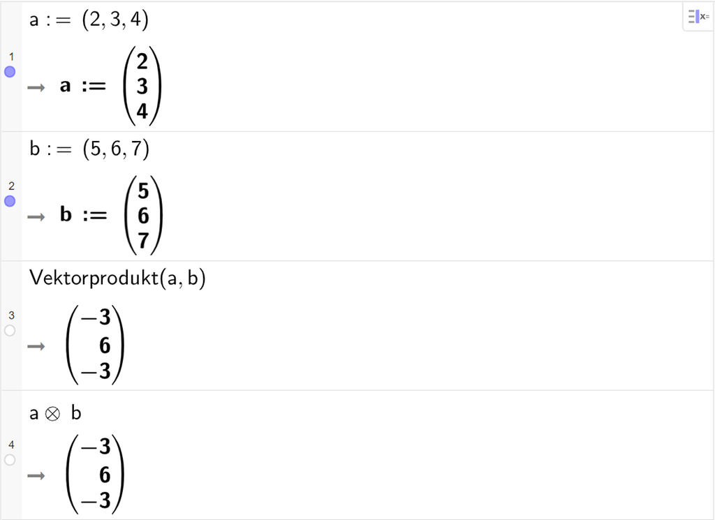 Skjermutklipp fra CAS-feltet i GeoGebra. På linje 1 er vektoren a med koordinatene 2, 3 og 4 skrevet inn. På linje 2 er vektoren b med koordinatene 5, 6 og 7 skrevet inn. På linje 3 er det skrevet inn Vektorprodukt parentes a komma, b parentes slutt. Svaret er en vektor med koordinatene minus 3, 6 og minus 3. På linje 4 er a-vektor kryssmultiplisert med b-vektor ved å hente opp symbolet for vektorproduktet fra skjermtastaturet. Resultatet er en vektor med koordinatene minus 3, 6 og minus 3. 