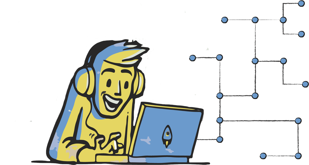 En nettbruker foran pc. Fra pc-en går det en rekke streker med kulepunkt på som skal symbolisere en struktur. Illustrasjon.