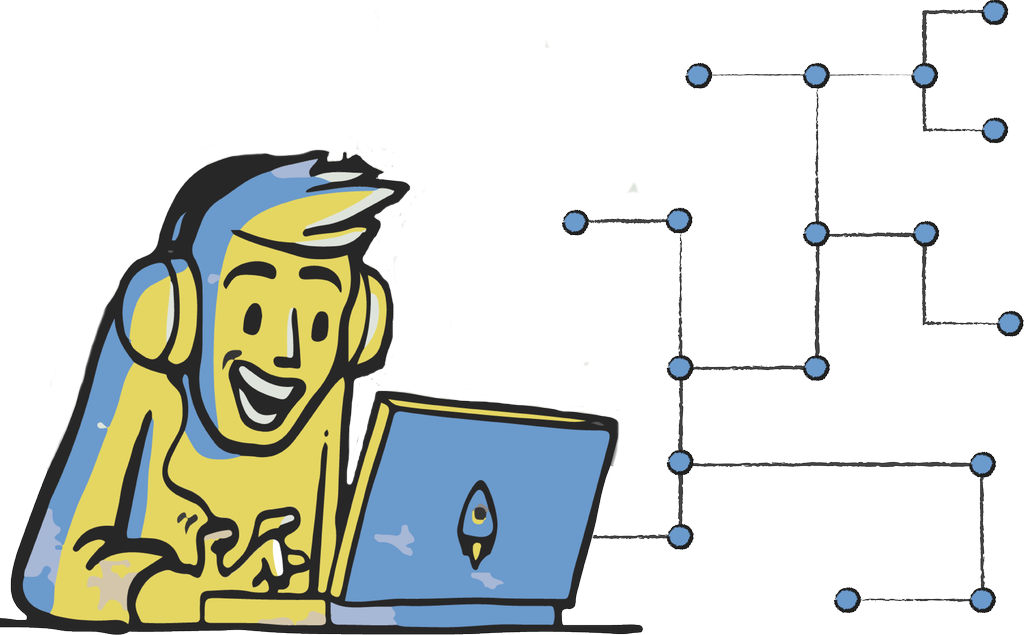 Ein nettbrukar framfor pc. Frå pc-en går det ei rekkje strekar med kulepunkt på, som skal symbolisere ein struktur. Illustrasjon.
