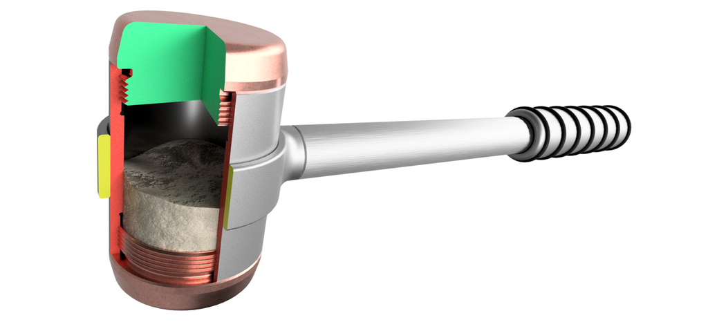 Hammer der selve hammerhodet er delt opp og består av fire ulike komponenter. Begge slagflatene er skrudd, og det er en bevegelig masse inne i selve hammerhodet. Illustrasjon.