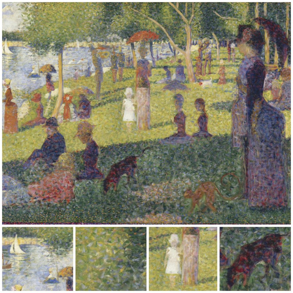 Maleri av mennesker i en park og utsnitt av bildet som viser hvordan fargene er satt sammen av små penselstrøk. Illustrasjon.