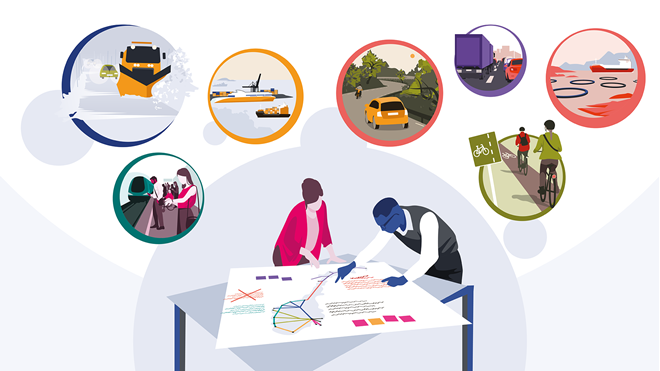 Illustrasjonen viser to personer som planlegger til nasjonal transportplan.