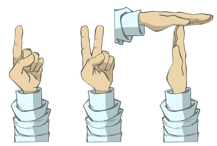 Tegningene viser håndtegnene som kan brukes i diskusjoner. Illustrasjon.