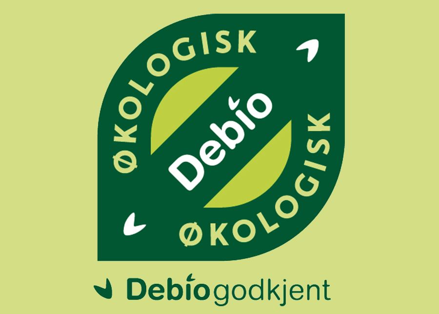 En mørkegrønn figur formet som bokstaven Ø med teksten "Debio økologisk" skrevet inni. Illustrasjon.