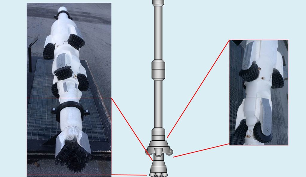 I midten er det en illustrasjon av en BHA med pilotbit og hullåpner. På sidene er det to foto av en pilotbit og en hullåpner. Det går røde streker fra bildene til BHA-en for å vise hvor de befinner seg. Illustrasjon.