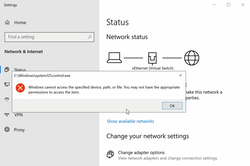 Feilmeldingen sier: «Windows cannot access the specified device, path, or file. You may not have the appropriate permissions to access the item.» Skjermbilde.
