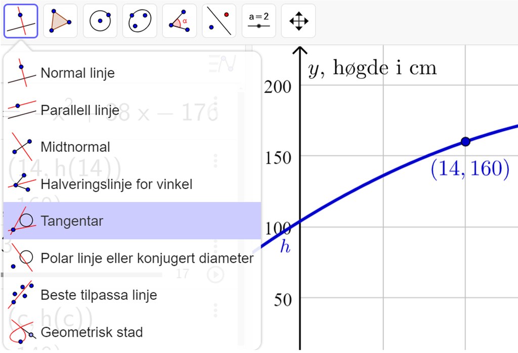 Skjermutklipp frå GeoGebra som viser at verktøyet "Tangentar" ligg som femte val under knappen for verktøyet "Normal linje".