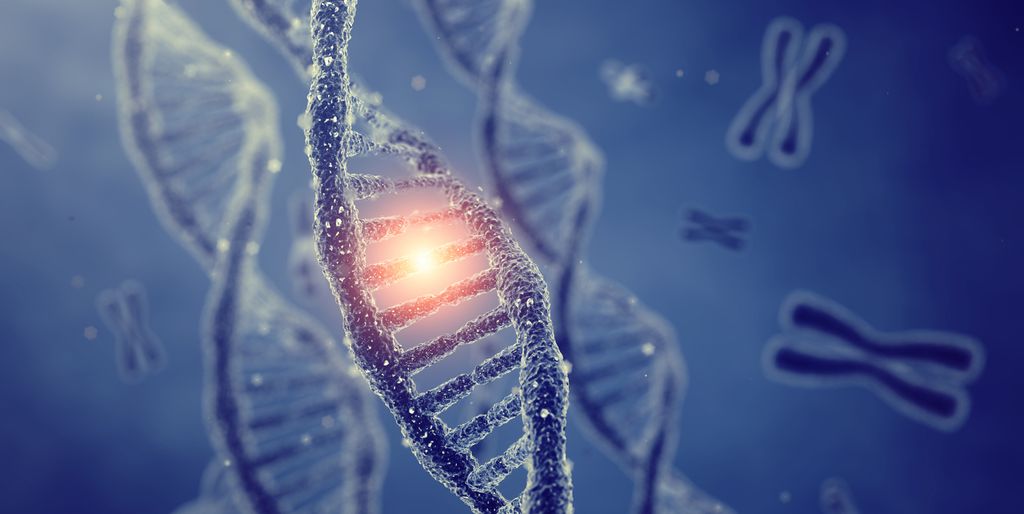 DNA med dobbel heliks og kromosomer på blå bakgrunn. Illustrasjon.