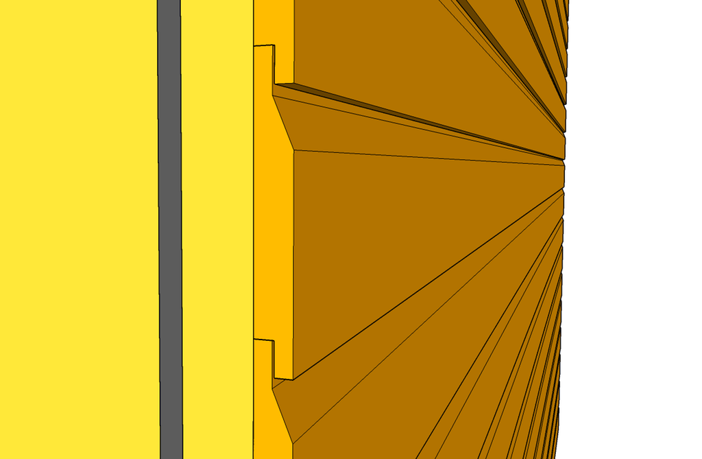 Snitt av dobbelfalset liggende panel på vegg. Tegning.