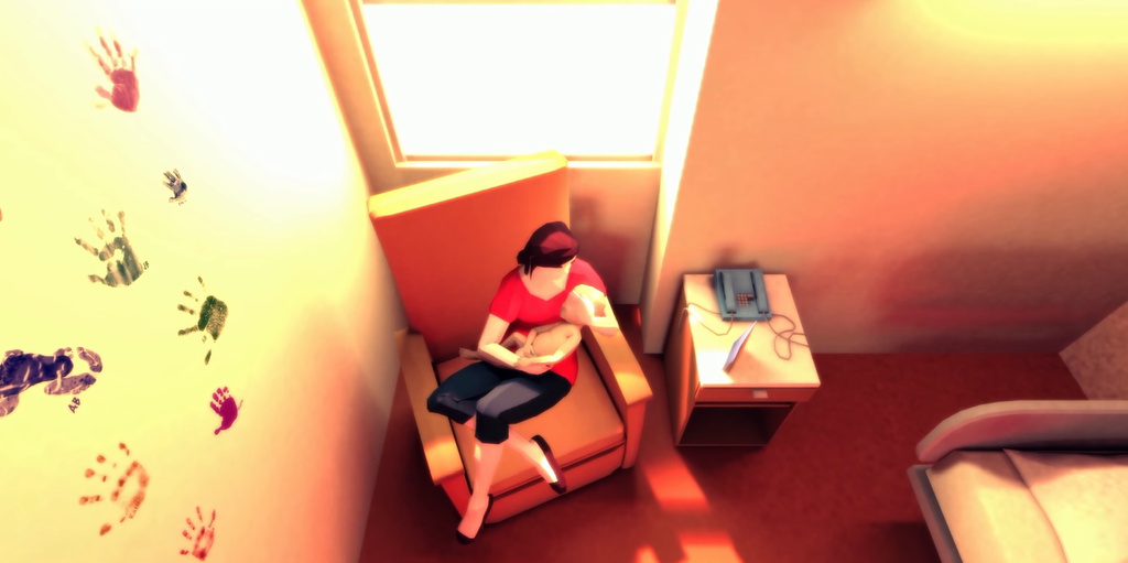 Skjermdump fra spillet That Dragon, Cancer. En kvinne holder et lite barn. De sitter i en lenestol. Illustrasjon. 