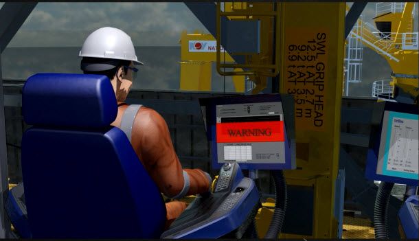 Skissen viser en mann som sitter i en arbeidsstol og ser på en skjerm. Arbeidsplassen er inne i borehuset på boredekket. Illustrasjon.