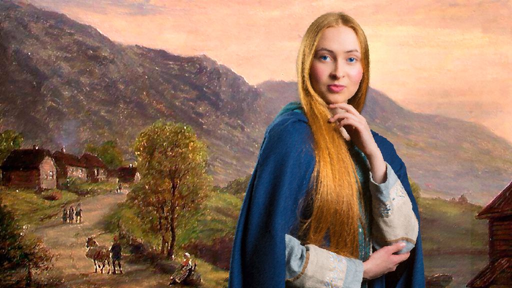 Kristin Lavransdatter i forkant av en vei med bygninger i Gudbrandsdalen. Maleri.