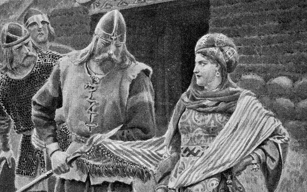 Vikingkvinne smiler til viking med spyd i hånda. Gammel illustrasjon.