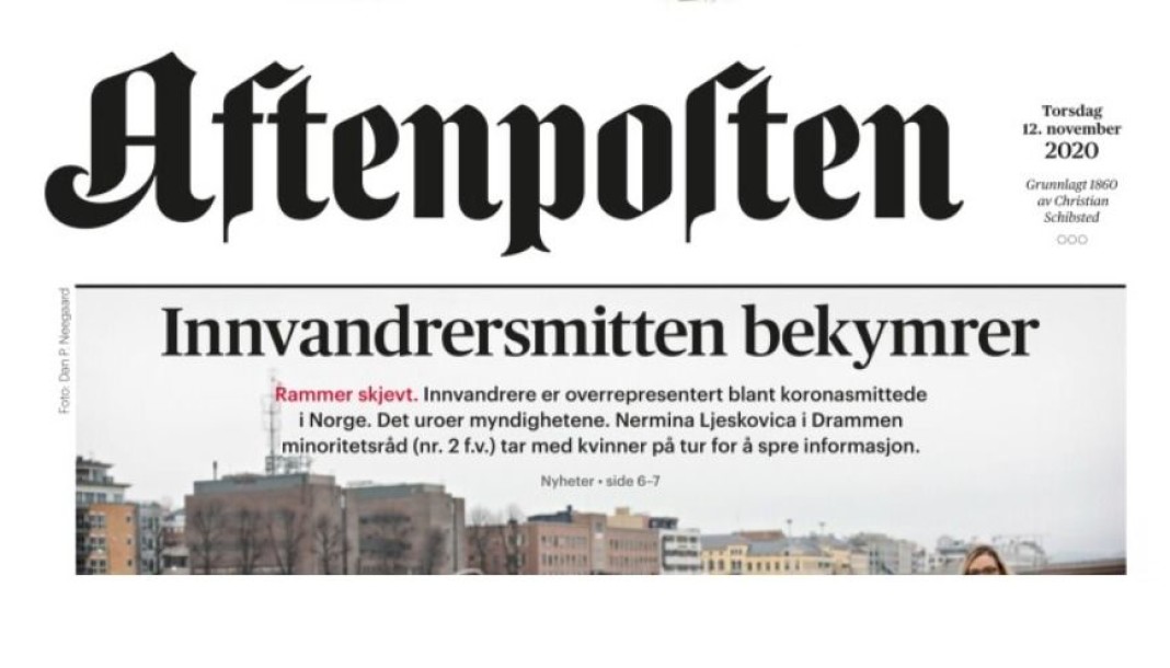 Oppslag i Aftenposten 12. november 2020 med tittelen "Innvandrersmitten bekymrer". I bakgrunnen er det bilde av blokkbebyggelse. Faksimile.